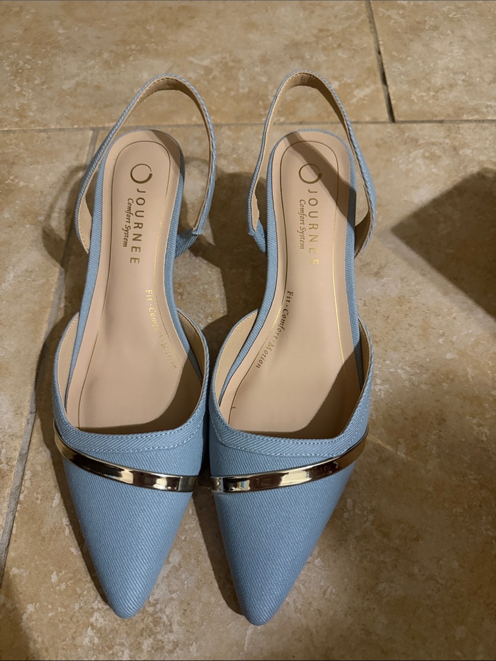 Journee Collection Light Blue Pointed Slingback Flats with Gold Accent